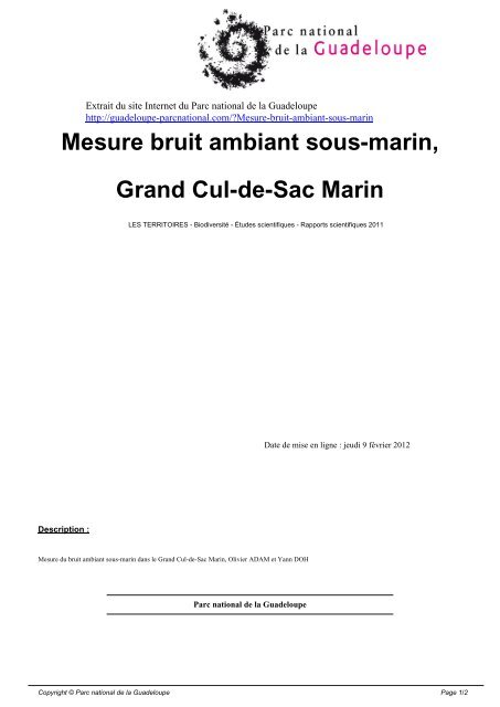 Mesure bruit ambiant sous-marin, Grand Cul-de-Sac Marin