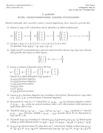 3. gyakorlat Altér, generátorrendszer, lineáris függetlenség