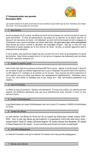 3e Communication aux parents Novembre 2012 1. Marchethon 2 ...