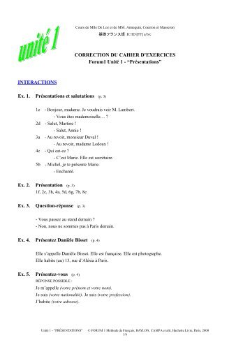 CORRECTION DU CAHIER D'EXERCICES Forum1 Unité 1 - “Présentations ...