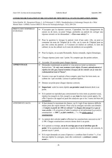 Consignes de passation et de cotation du Mini Mental State