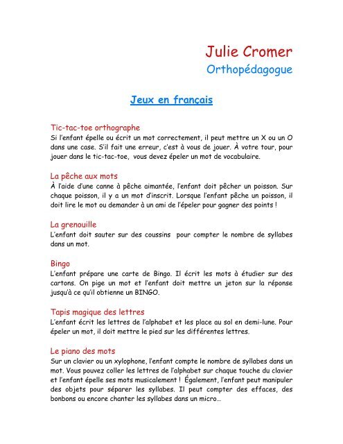 Document de jeux en français - Julie Cromer orthopédagogue
