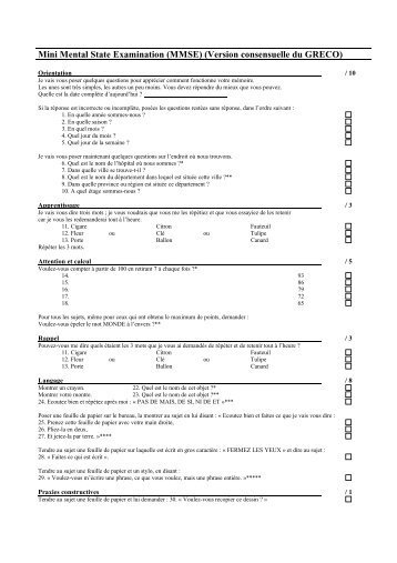 Mini Mental State Examination (MMSE) (Version consensuelle du ...