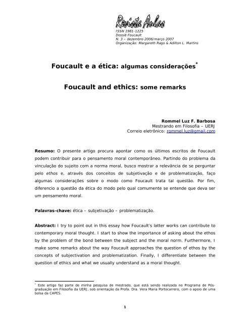 Foucault ea ética: algumas considerações - Unicamp