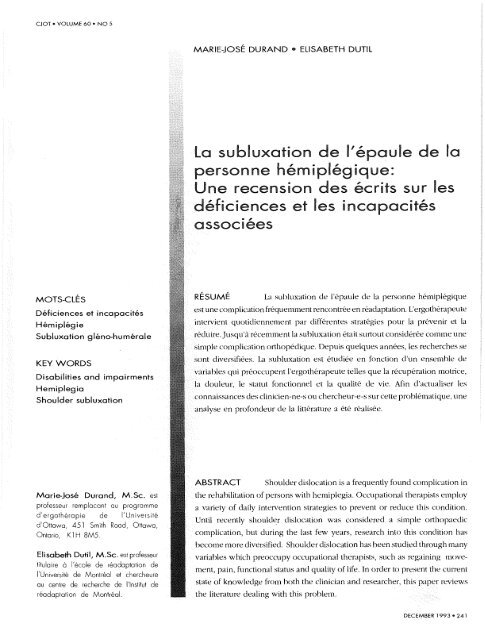 La subluxation de l'épaule de la personne hémiplégique - Canadian ...