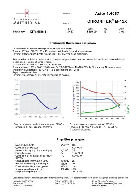 Acier 1.4057 CHRONIFER M-15X - Lamineries MATTHEY SA