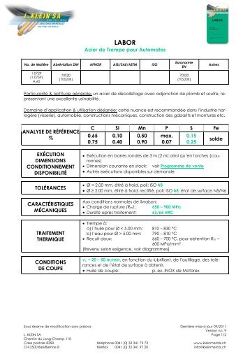 Acier de Trempe pour Automates C Si Mn P S Fe ANALYSE DE ...