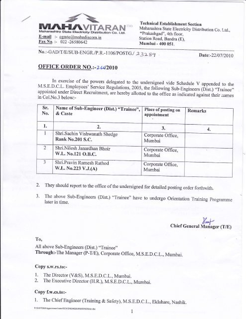 Posting of Sub-Engineer (Dist) "Trainee" - MAHADISCOM