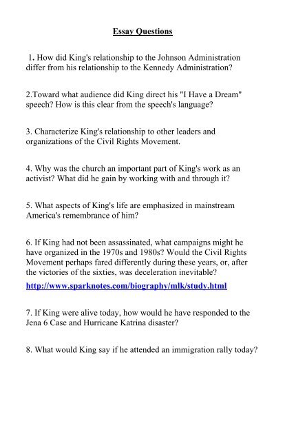 Essay Questions 1. How did King's relationship to the Johnson ...