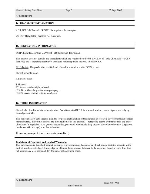 Material Safety Data Sheet Page 1 07 Sept 2007 AFLIBERCEPT ...