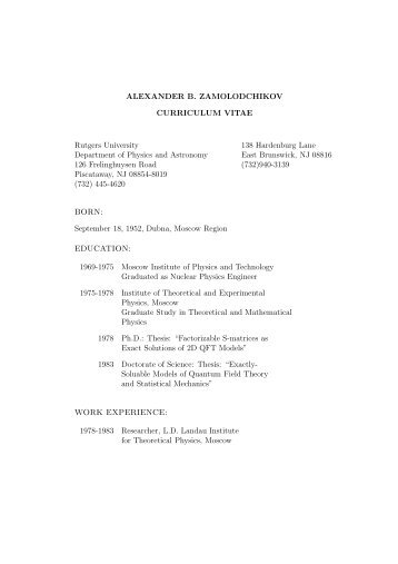 ALEXANDER B. ZAMOLODCHIKOV CURRICULUM VITAE Rutgers ...