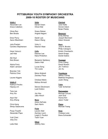 pittsburgh youth symphony orchestra 2009-10 roster of musicians