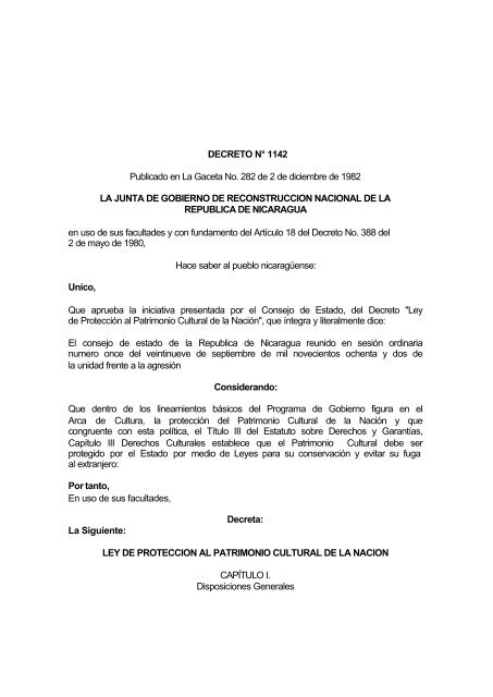 Decreto No. 1142. Ley de protección al Patrimonio Cultural de la ...