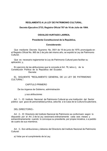 Decreto No. 2733. Reglamento General de la Ley de Patrimonio ...