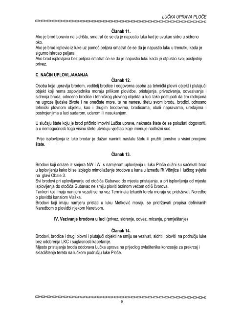 Pravilnik o redu i uvjetima rada na lučkom području luke Ploče