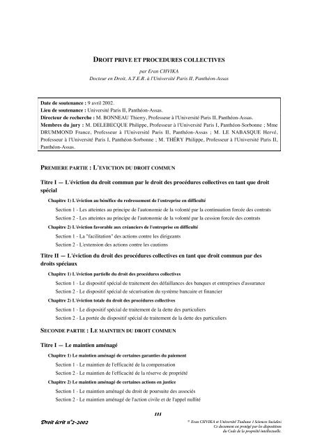 Droit privé et procédures collectives - Université Toulouse 1 ...