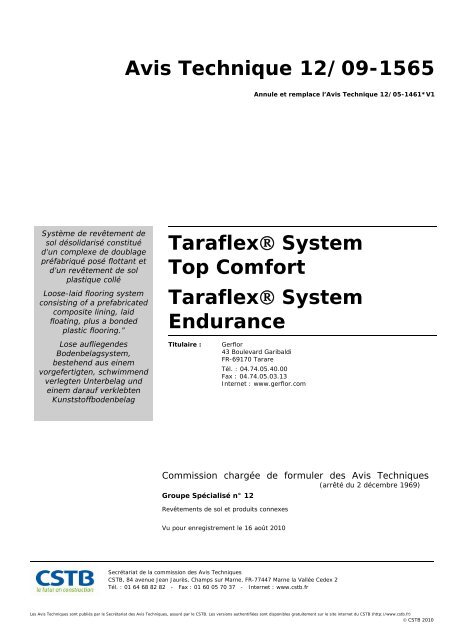 Avis Technique 12/09-1565 Taraflex® System Top Comfort ... - CSTB