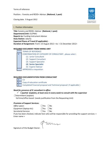 Terms Of Reference Position Forestry And Redd Advisor Undp