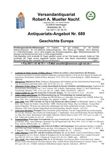 Antiquariats-Angebot Nr. 689 Geschichte Europa - Antikbuch24