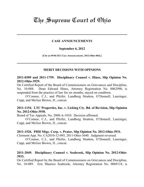 09/06/2012 Case Announcements - Supreme Court - State of Ohio