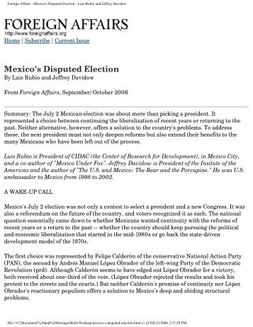 Foreign Affairs - Mexico's Disputed Election - Luis Rubio and Jeffrey ...