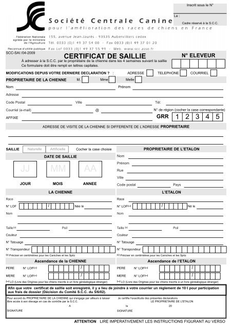 Certificat de saillie - Société Centrale Canine