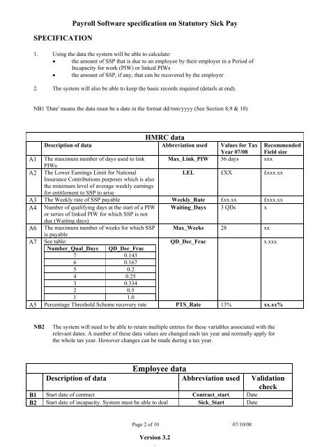 Payroll Software specification on Statutory Sick Pay - HM Revenue ...