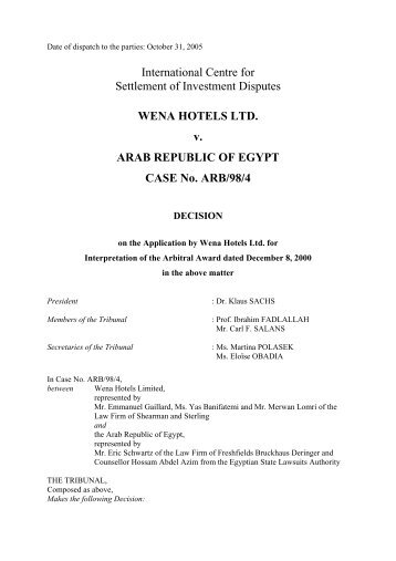 WENA HOTELS LTD. v. ARAB REPUBLIC OF EGYPT CASE No ... - ita