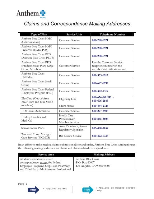 Claims and Correspondence Mailing Addresses - Anthem