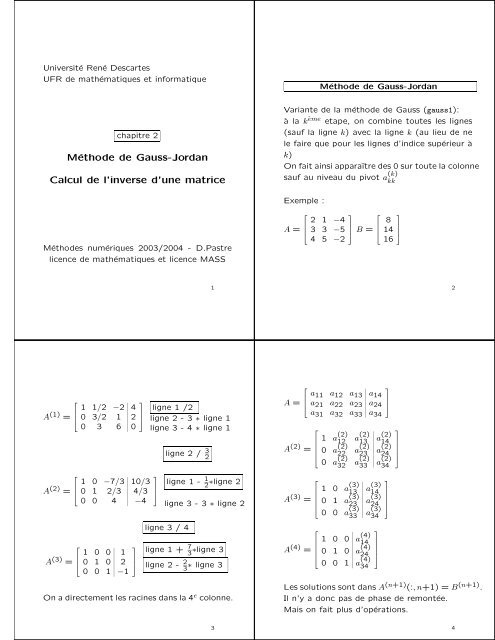 Méthode de Gauss-Jordan Calcul de l'inverse d'une matrice - UFR ...