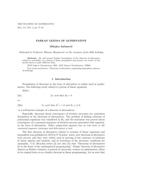 FARKAS' LEMMA OF ALTERNATIVE Milojica Jacimovic Dedicated ...