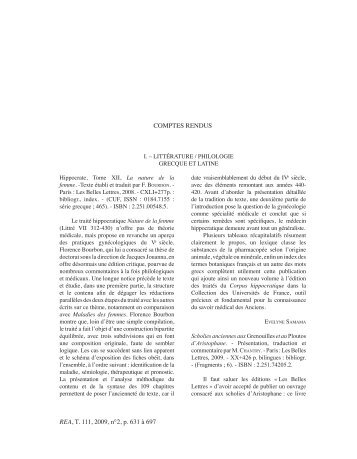 Comptes rendus Tome 111, 2009 - N°2 - Revue des Etudes ...