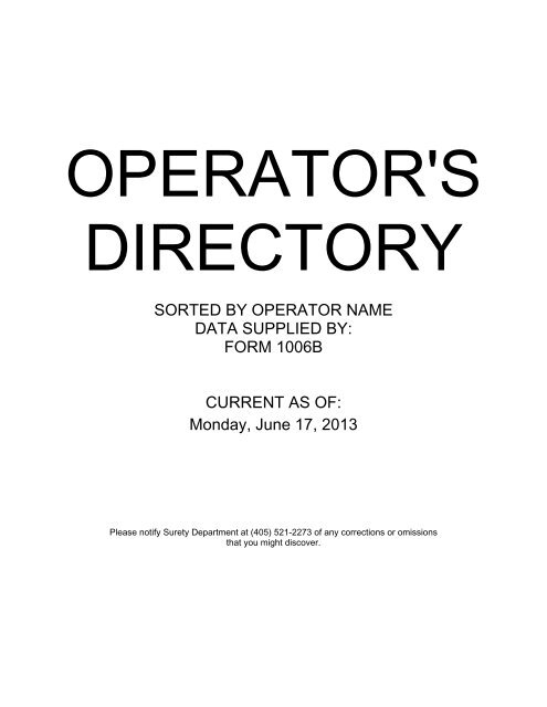 Operator Directory Listing Oklahoma Corporation Commission