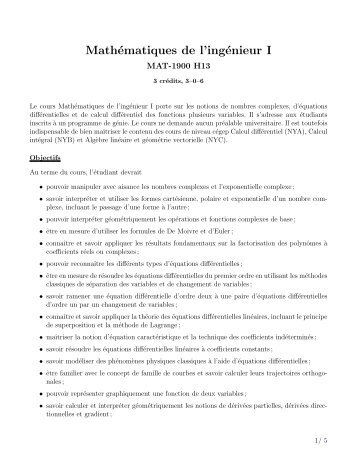 Mathématiques de l'ingénieur I - Département de mathématiques et ...