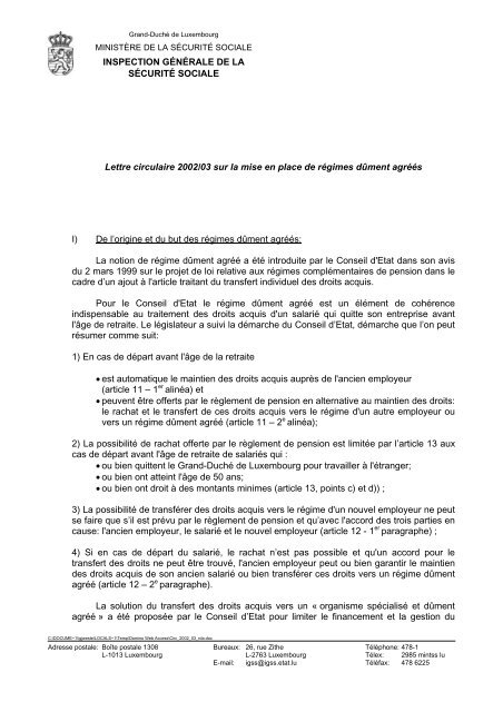 Lettre-circulaire 2002/03 - Ministère de la sécurité sociale