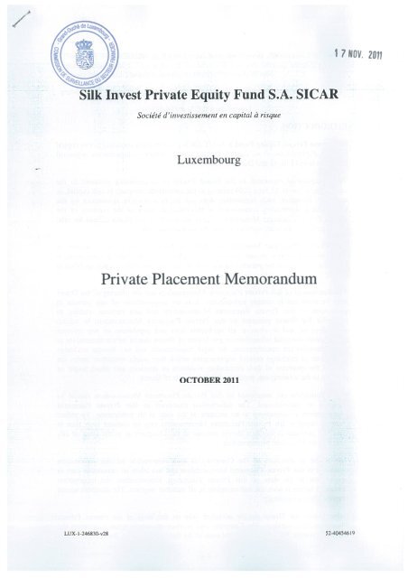 Fund Private Placement Memorandum - Silk Invest