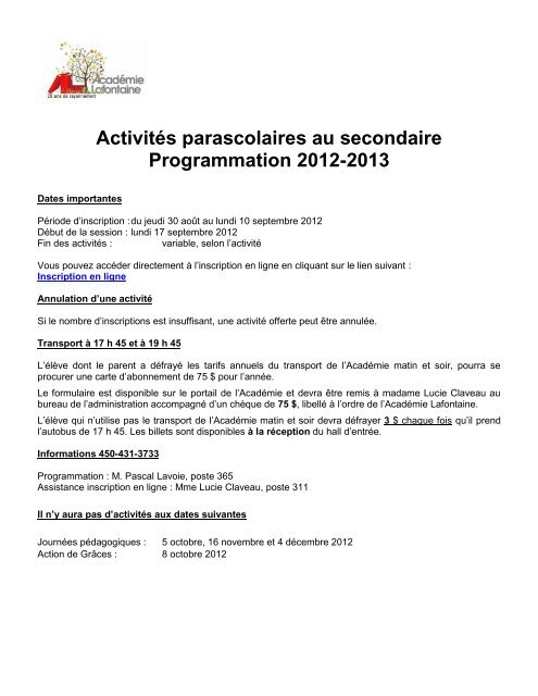 Activités parascolaires SECONDAIRE 2012 - Académie Lafontaine