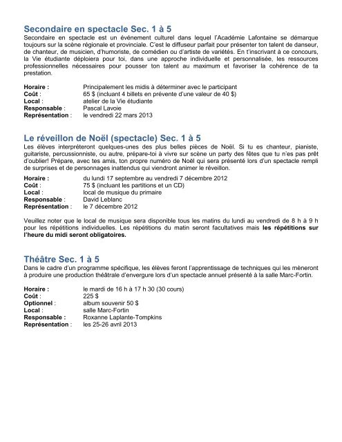 Activités parascolaires SECONDAIRE 2012 - Académie Lafontaine