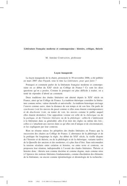 Littérature française moderne et contemporaine - Collège de France