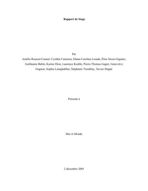 Rapport de Stage Par Amélie Roussel-Canuel ... - Mer et Monde