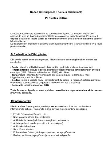 Ronéo CCO urgence : douleur abdominale Pr Nicolas SEGAL A ...