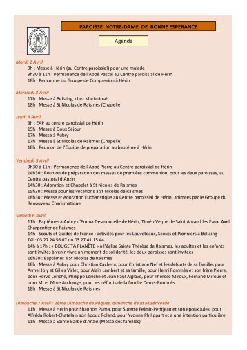 Agenda PAROISSE NOTRE-DAME DE BONNE ESPERANCE