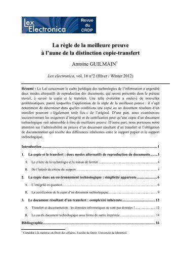 La règle de la meilleure preuve à l'aune de la distinction copie ...