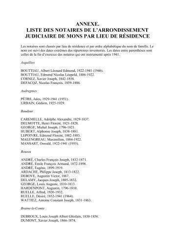 annexe. liste des notaires de l'arrondissement judiciaire de mons ...