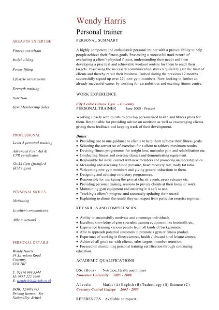 personal trainer cv template