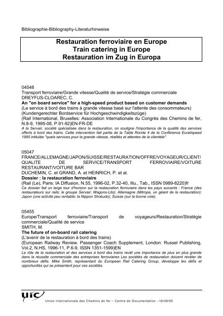 Restauration ferroviaire en Europe Train catering in Europe ... - UIC