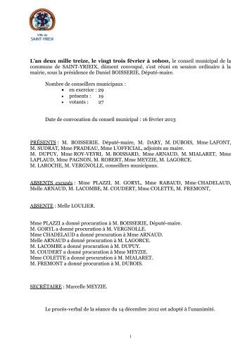 L'an deux mille treize, le vingt trois février à 10h00, le conseil ...