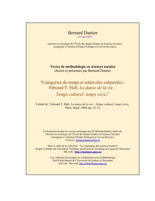Edward T Hall La Danse De La Vie Les Classiques Des Sciences