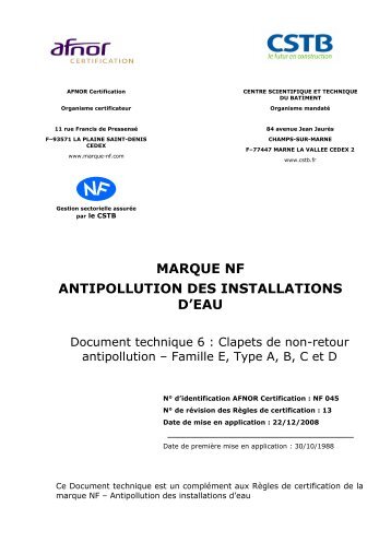 Règlement NF045 antipollutions des installations d'eau ... - CSTB
