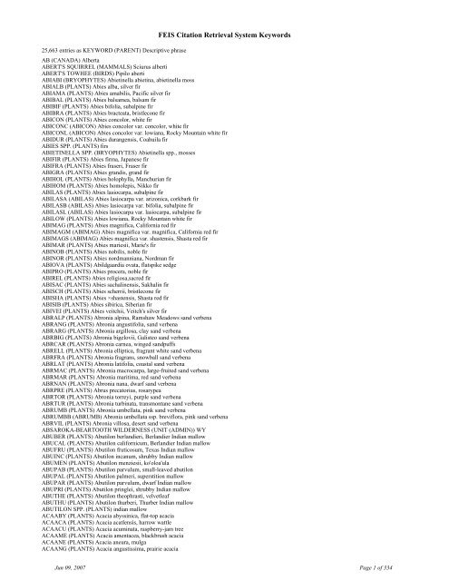 FEIS Citation Retrieval System Keywords - Fire Sciences Lab ...